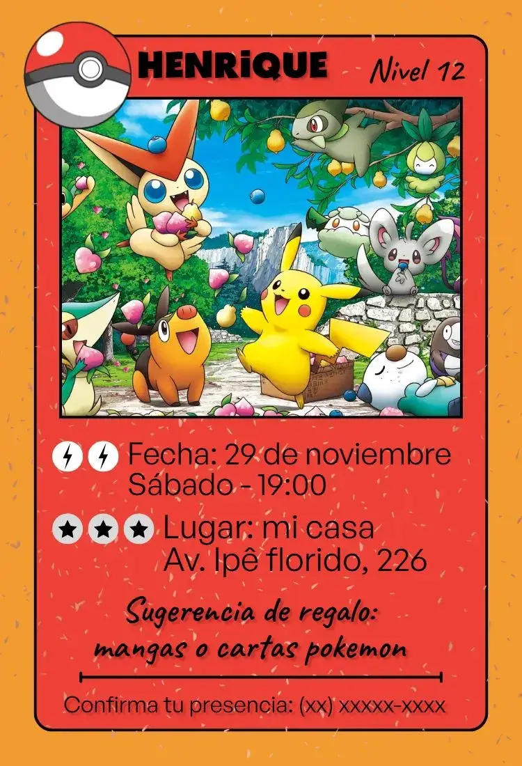 Invitación Card Pokemon editable y personalizable