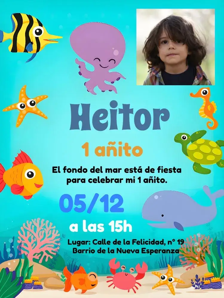 Invitación Fondo Del Mar Con Foto Estrellita – tema Cumpleaños Infantil azul marino, colorido, lúdico, divertido, fotográfico
