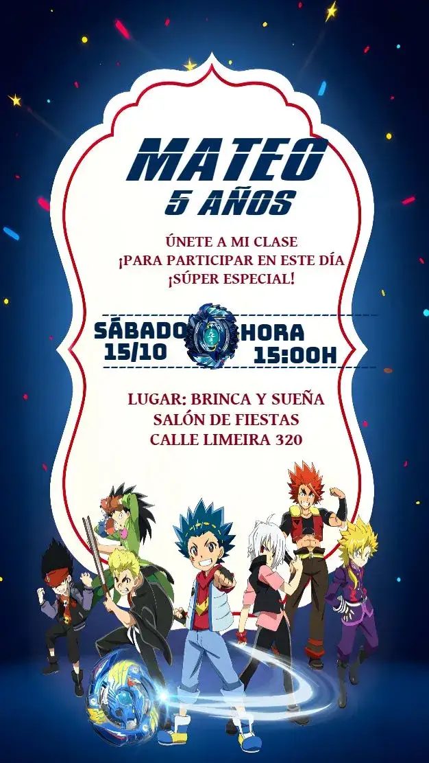 Invitación Beyblade Infantil – tema Cumpleaños Infantil azul, colorido, temático, moderno, divertido, jogos