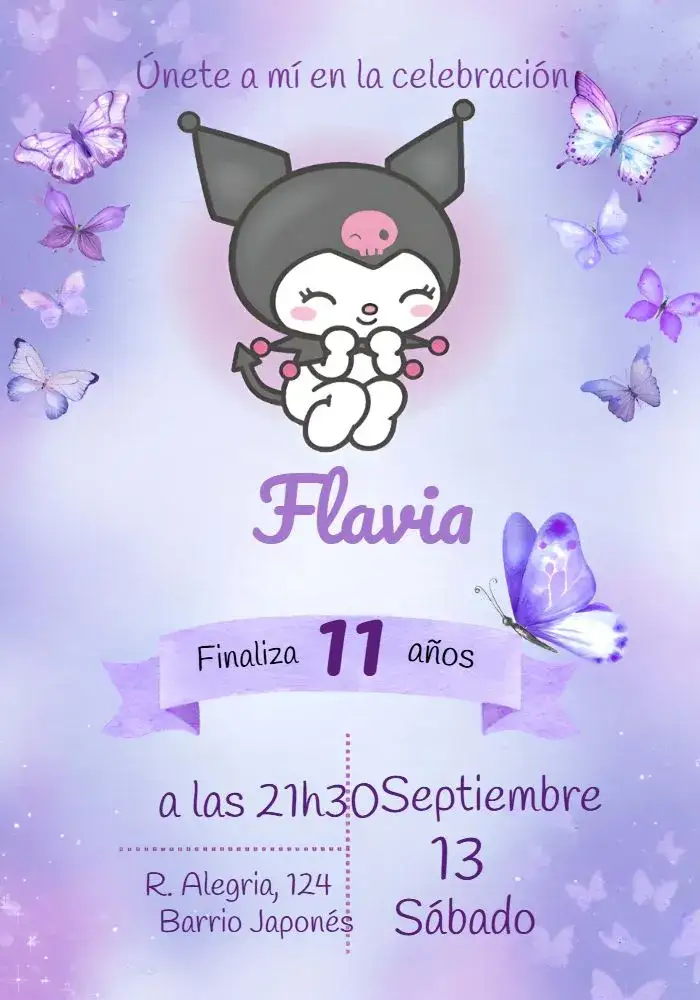 Invitación Kuromi Sanrio – tema Más buscados lila, morado, acuarela, infantil, divertido, temático