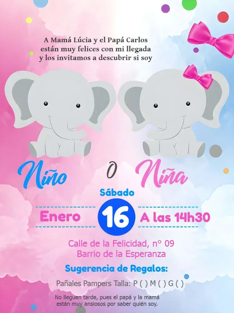 Invitación Baby Shower Elefantito Blanco