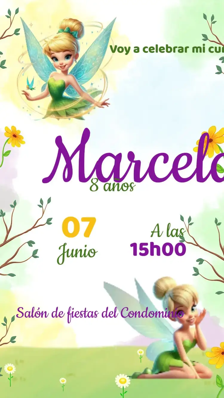 Invitación Invitación Cumpleaños Campanita Campanilla – tema Cumpleaños Infantil verde, dorado, fantasía, naturaleza, mágico, floral