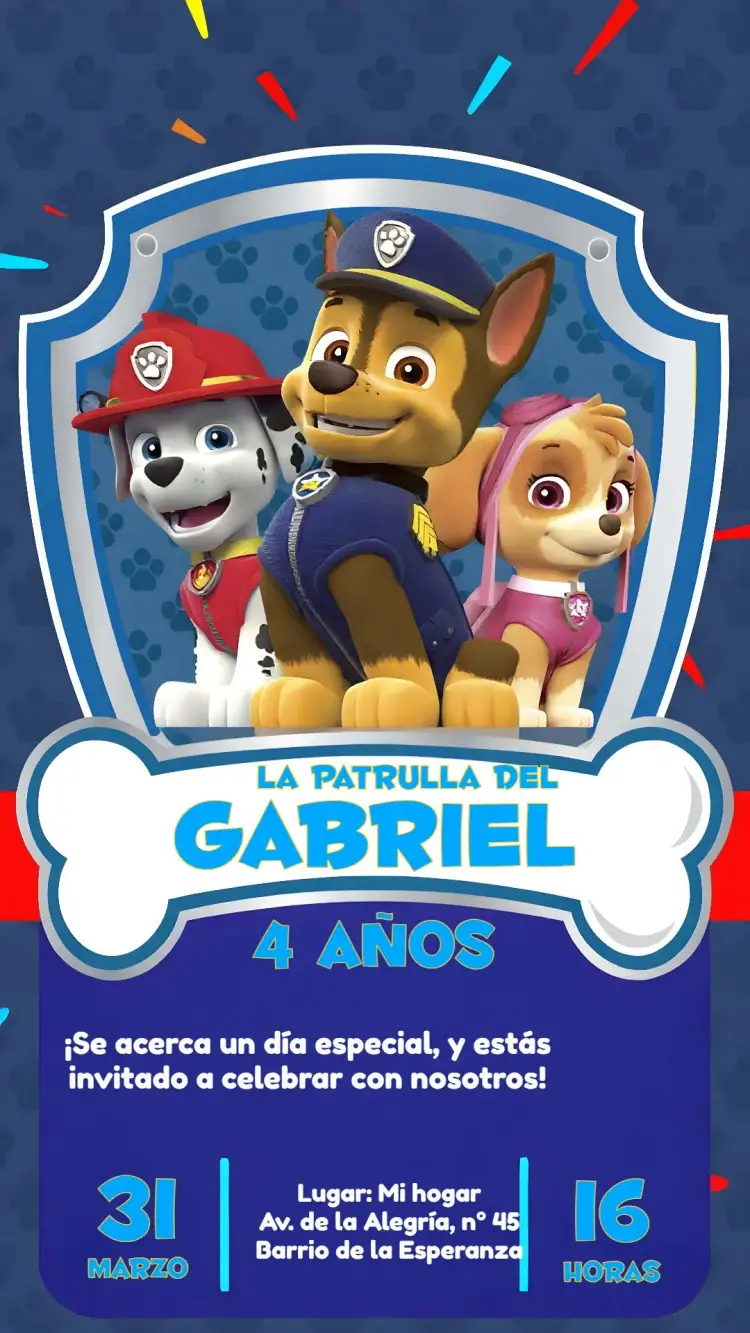 Invitación Patrulla Canina Azul – tema Cumpleaños Infantil azul, colorido, divertido, temática infantil, personajes animados