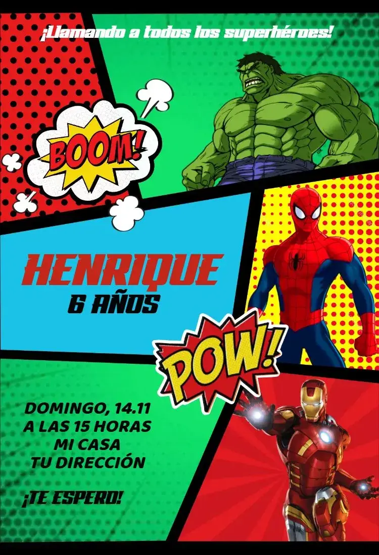 Invitación Invitación de Cumpleaños Super Héroes Vengadores Cómic editable y personalizable