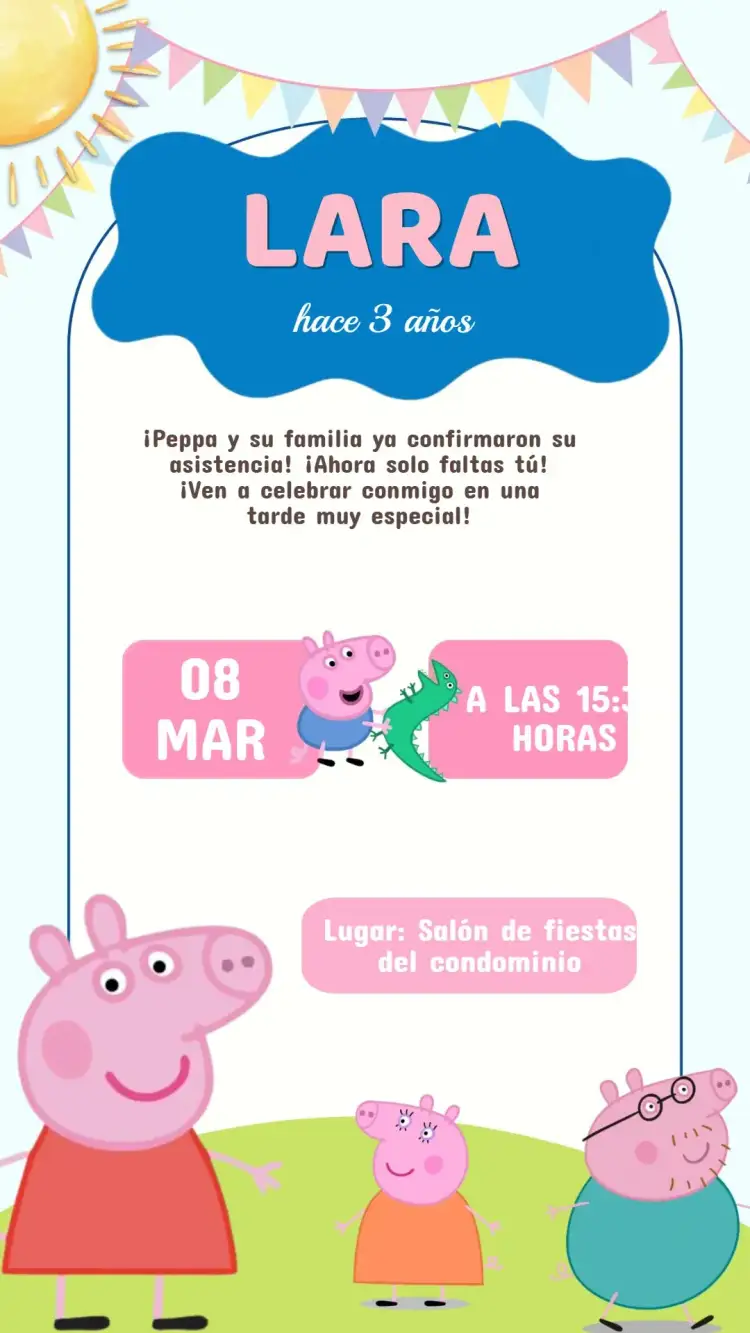 Invitación Invitación Cumpleaños Peppa pig – tema Cumpleaños Infantil colores vibrantes, ilustraciones lúdicas, elementos de la naturaleza, estilo divertido, tema colorido, diseño encantador