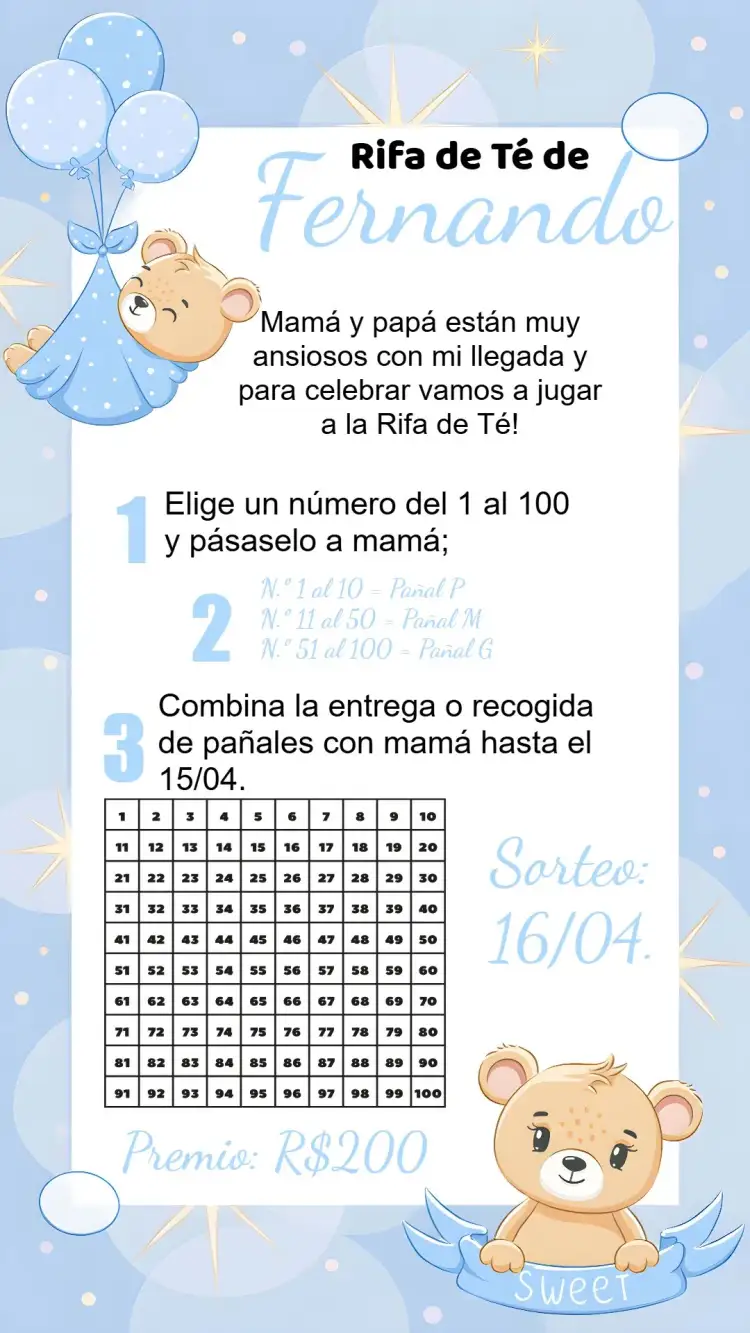 Invitación Chá de Oso Blanco Rifa – tema Té Rifa azul, blanco, amarillo, osito, de globos, infantil