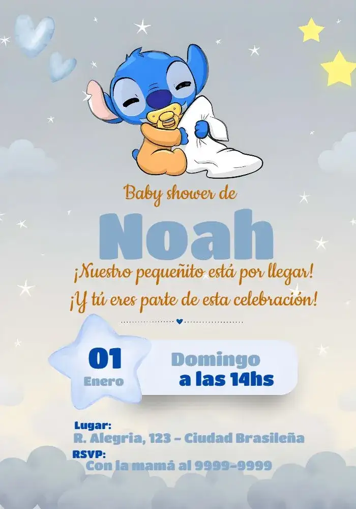 Invitación Baby Shower Stitch Regalo – tema Baby Shower colorido, lúdico, infantil, moderno, divertido, temática Stitch