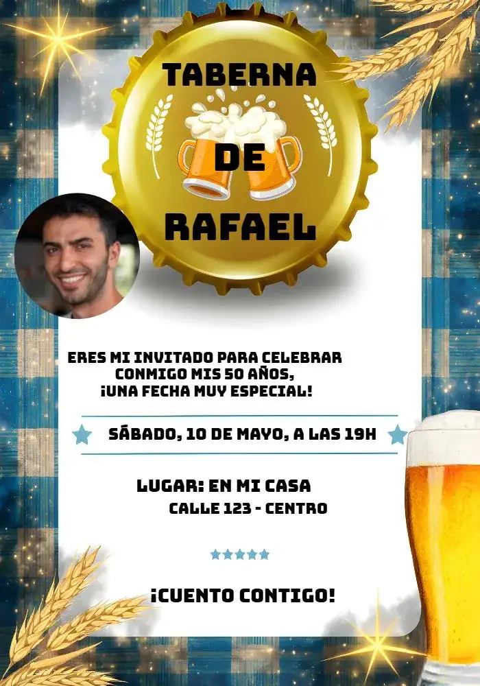Invitación Boteco Con Foto Dorado – tema Cumpleaños dorado, bar, vintage, informal, colorido, moderno