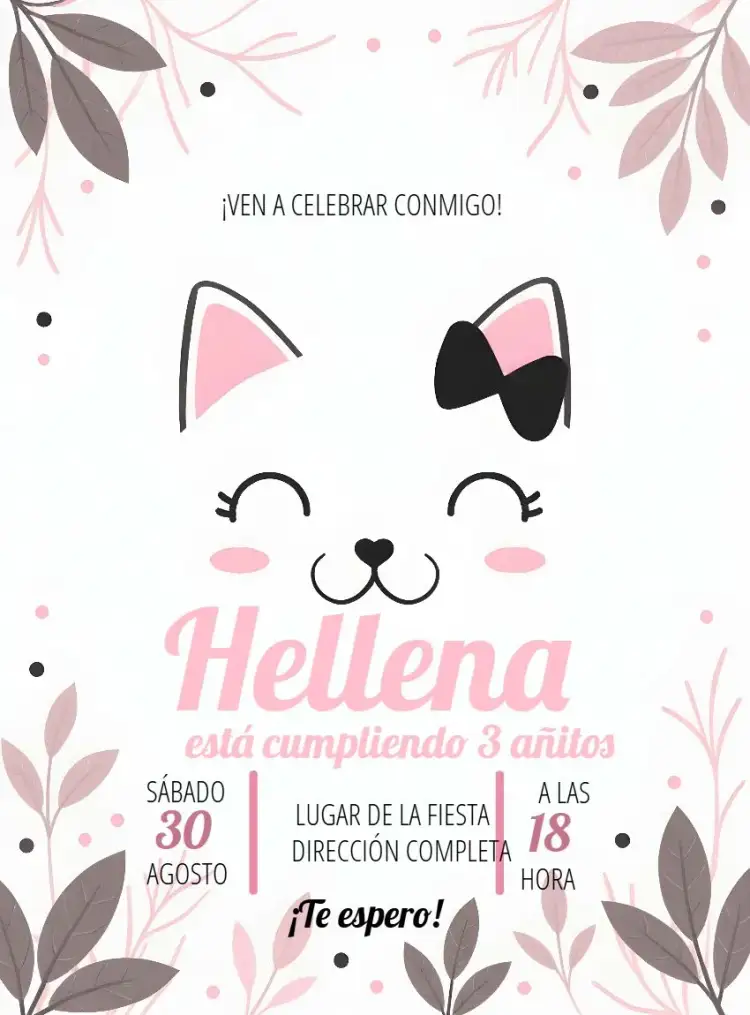 Invitación Gatita Rosa Niña – tema Más buscados rosa, tierno, infantil, colorido, animales, moderno