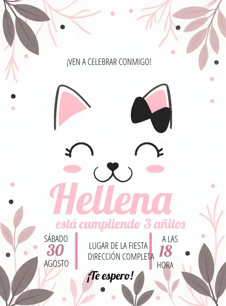 Invitación Gatita Rosa Niña editable y personalizable