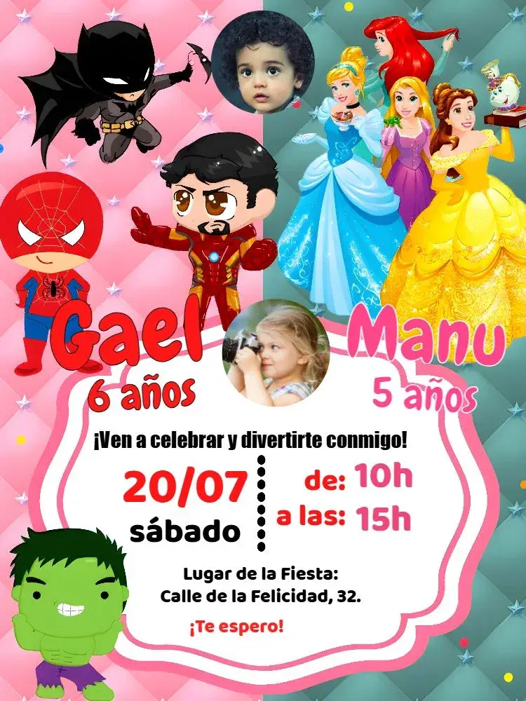 Invitación Doble Héroes y Princesas de Disney con Foto Hombre