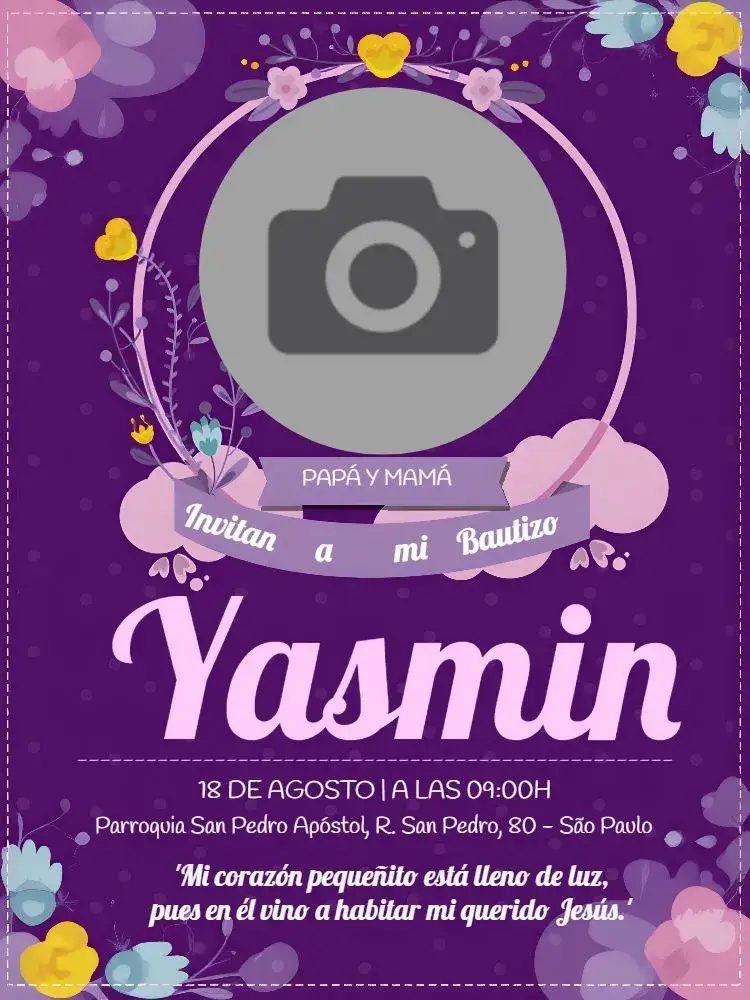 Invitación Bautizo Con Foto Lila – tema Bautismo lila, púrpura, moderno, elegante, delicado