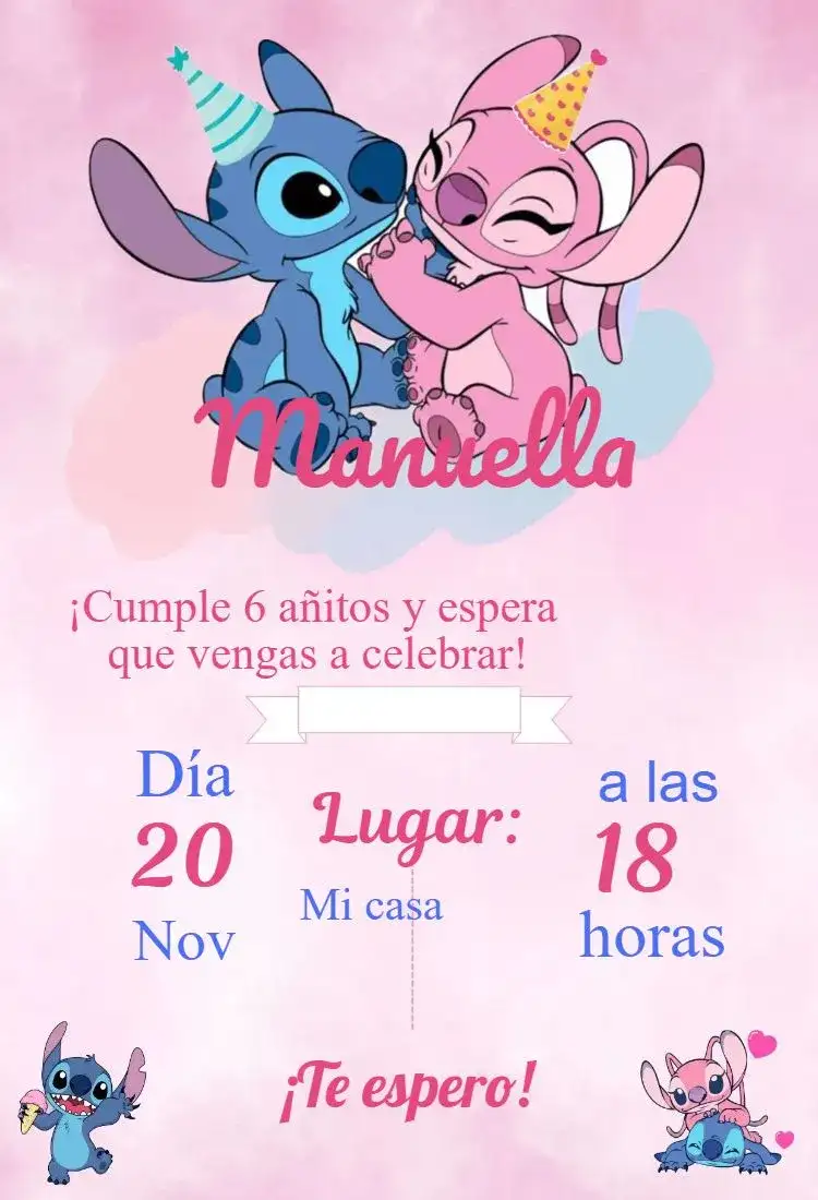 Invitación cumpleaños infantil Angel y Stitch