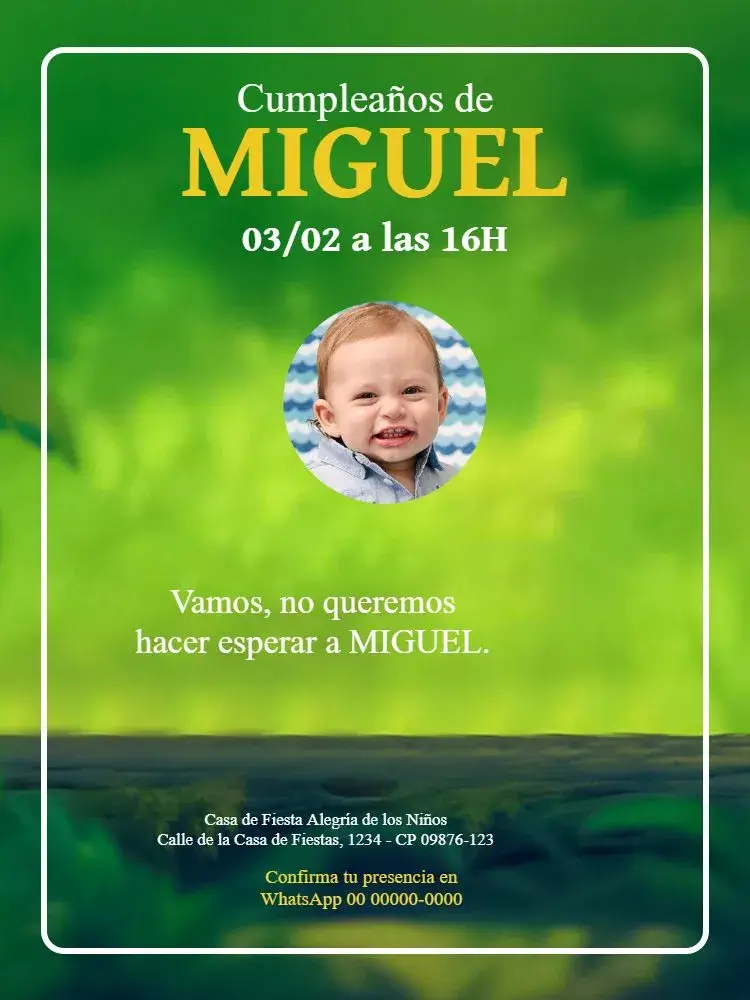 Invitación Infantil Niño Con Foto Verde