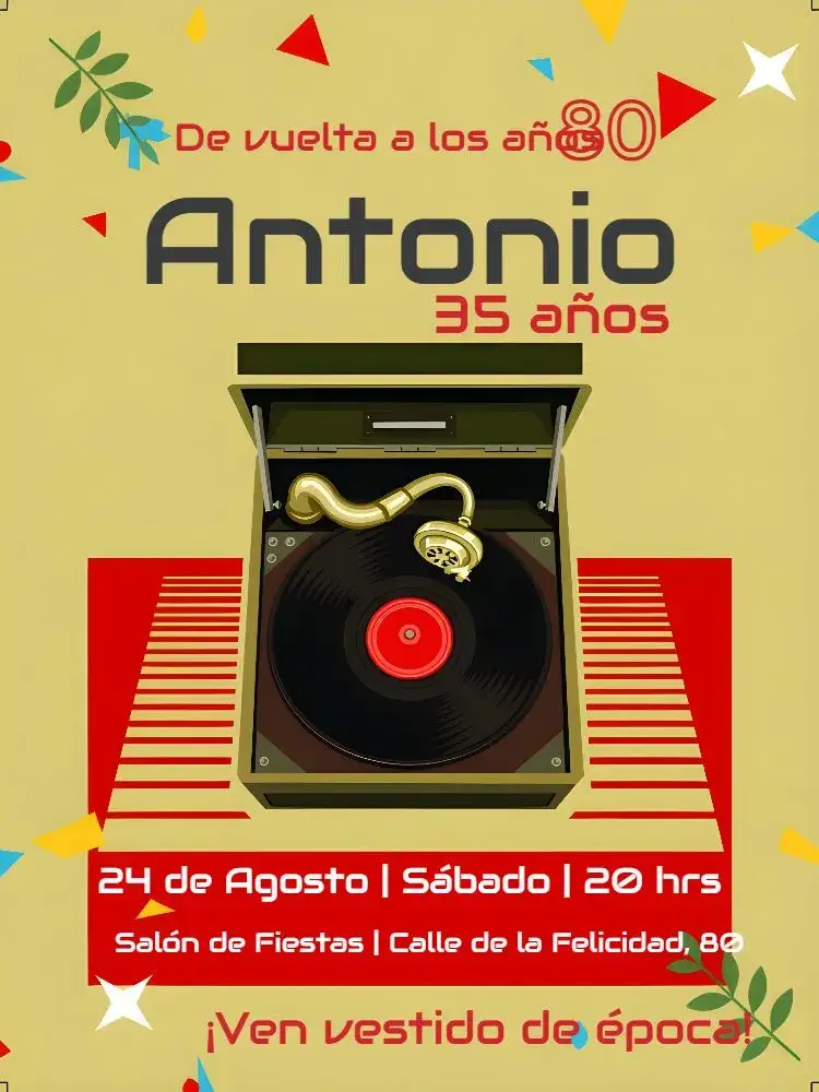 Invitación Anos 80 Retrô – tema 15 años retro, vintage, musical, beige, divertido