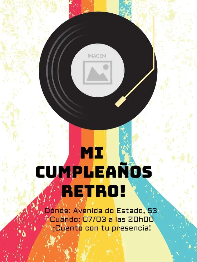 Invitación Disco Retro – tema Cumpleaños colorido, vintage, años 70, estilo boho, discos de vinil, retro