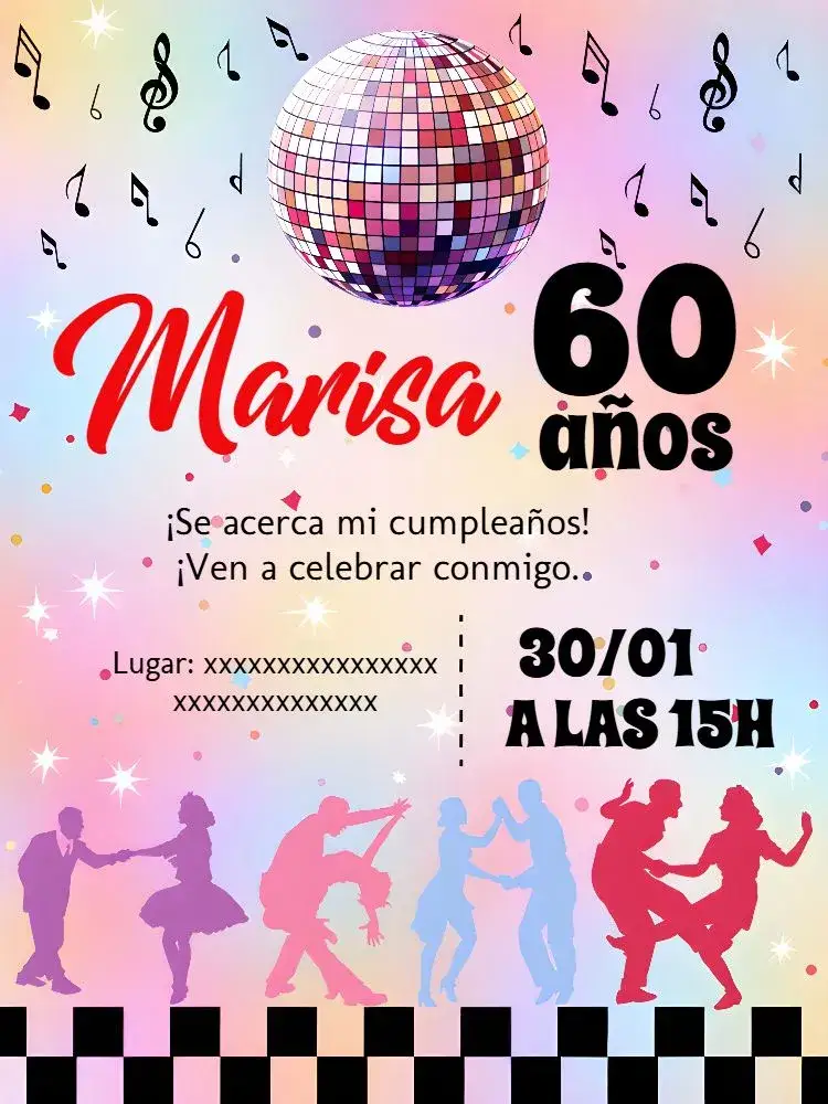 Invitación Anos 60 Blanco – tema Cumpleaños vintage, discoteca, clásico, elegante, colorido