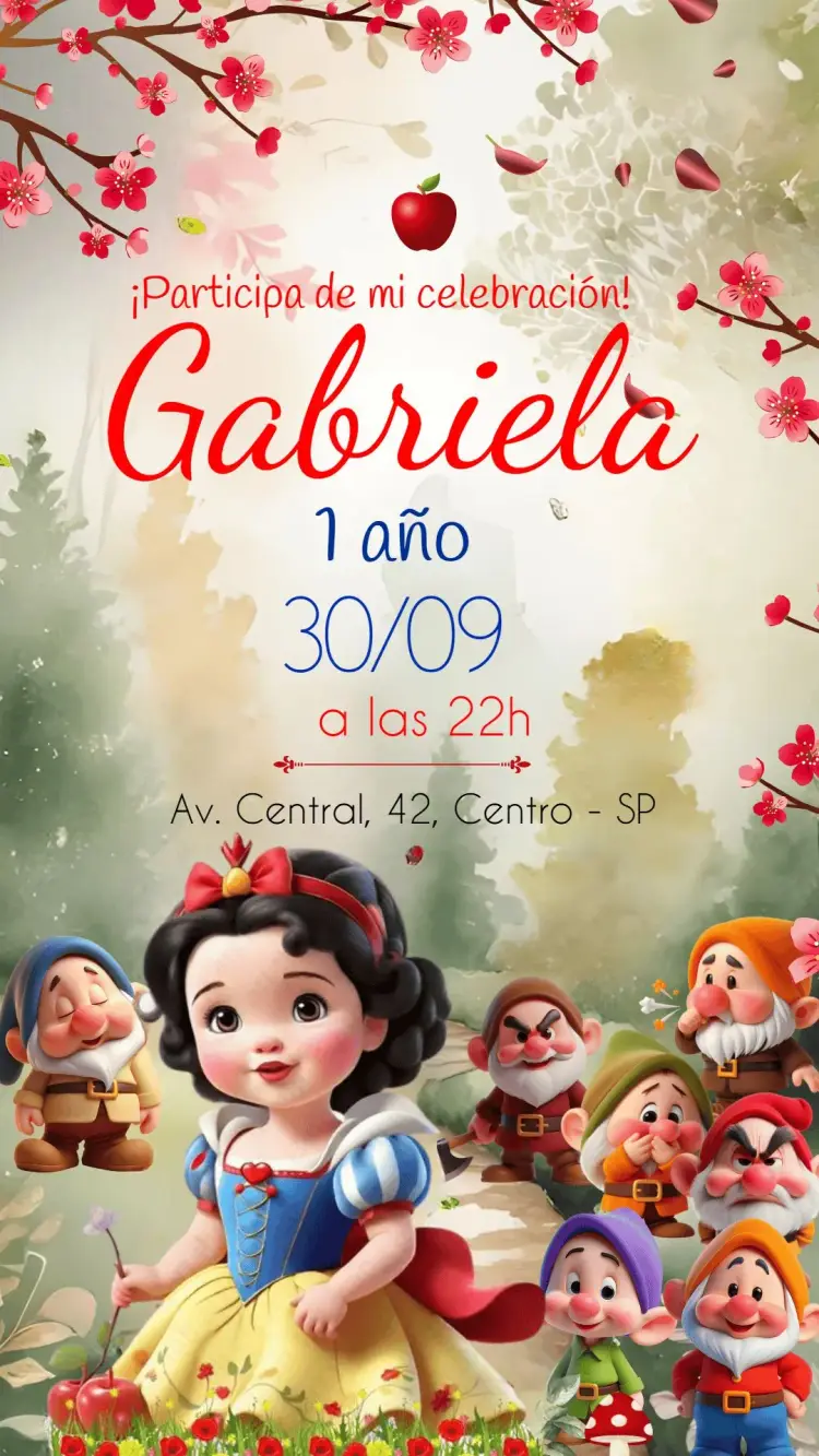 Invitación Blanca Nieves Fiesta editable y personalizable