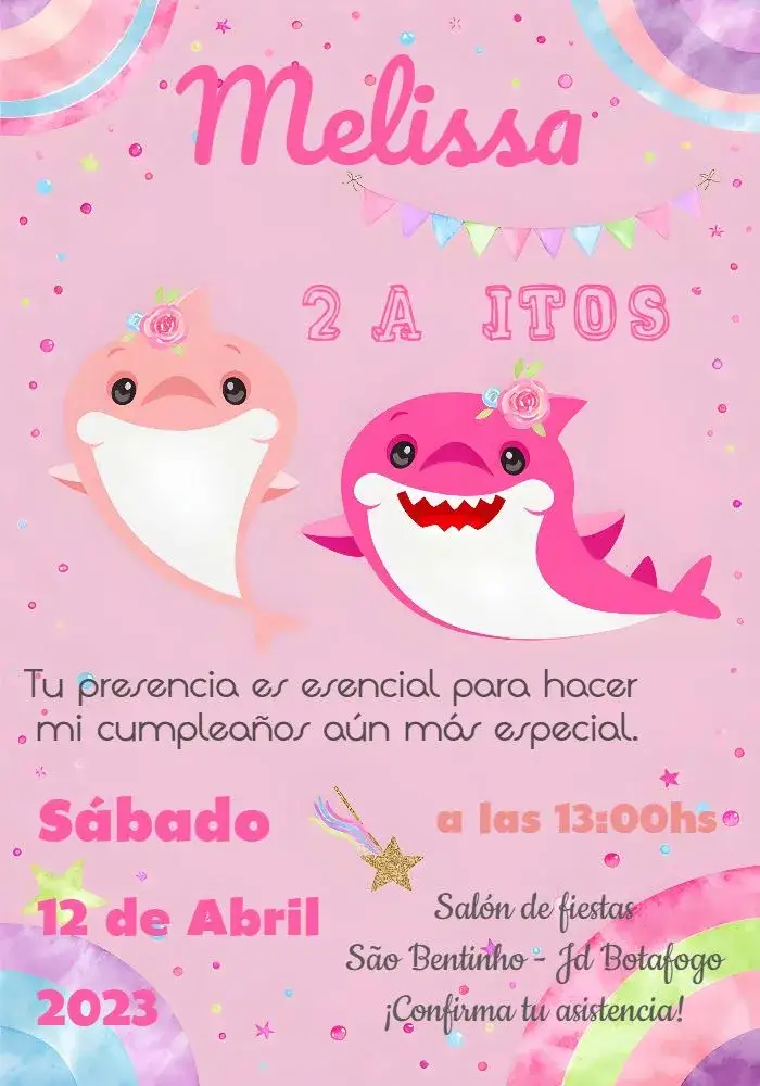 Invitación Baby Shark Rosa – tema Fechas Conmemorativas rosa, divertido, colorido, temático, marinho