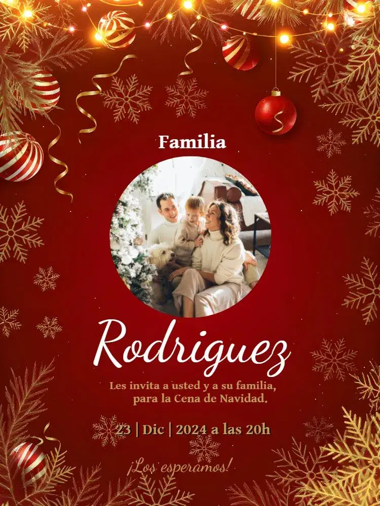 Invitación Navidad con Foto Dorado – tema Fechas Conmemorativas dorado, rojo, verde, elegante, festivo, moderno