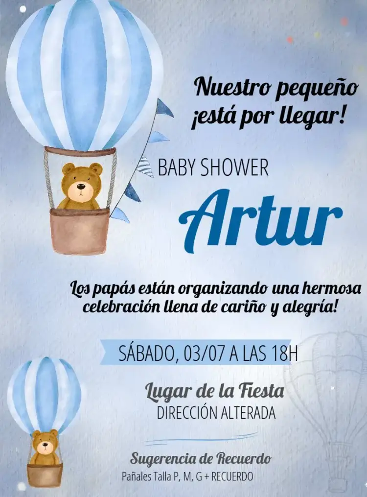 Invitación Baby Shower Oso Globos Azules – tema Baby Shower azul, ositos, globos, divertido, lúdico, moderno
