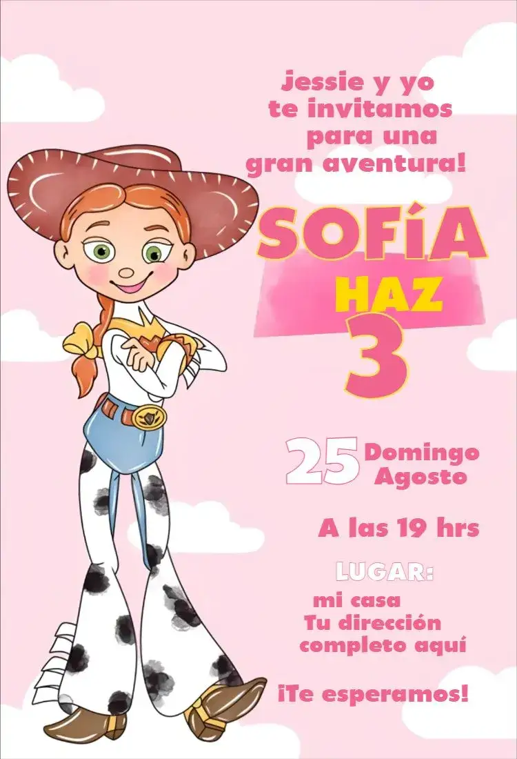 Invitación Jessie 3 – tema Cumpleaños acuarela, rosa, divertido, infantil, temático, colorido