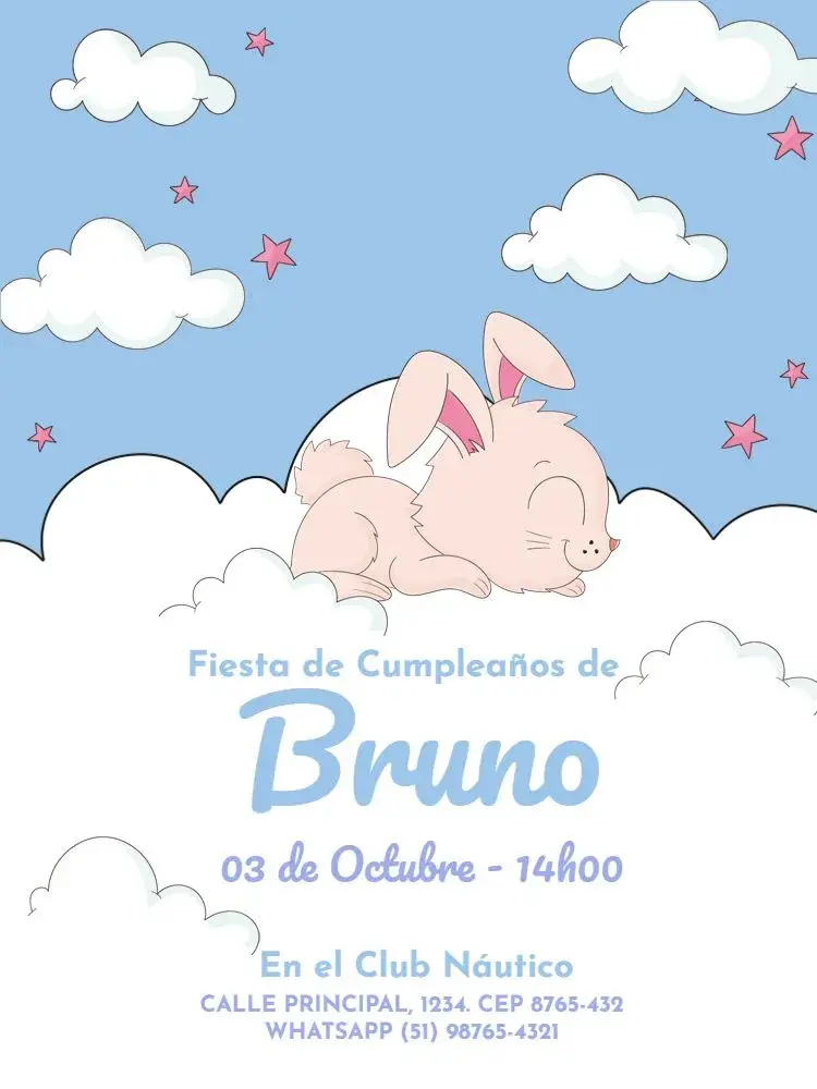 Invitación Infantil Masculino Conejito Nube Celebración