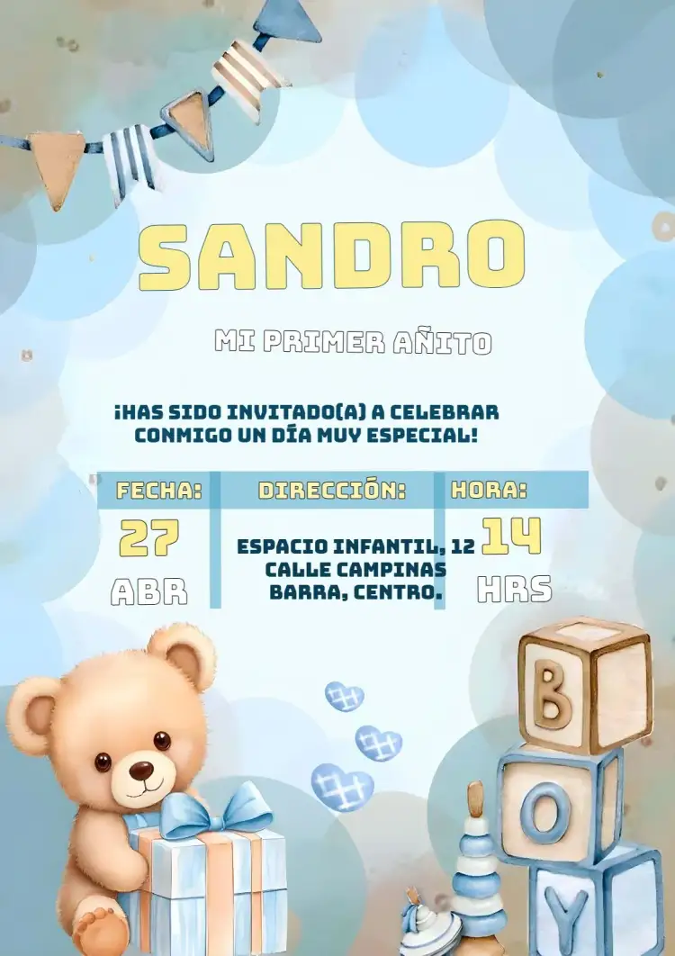Invitación Oso Acuarela Globo – tema Fechas Conmemorativas acuarela, infantil, juguetón, azul, nubes, globos
