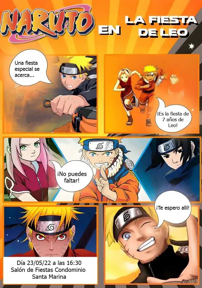Invitación Naruto Gibi – tema Cumpleaños Infantil colorido, temático, jovial, divertido, ilustraciones de anime