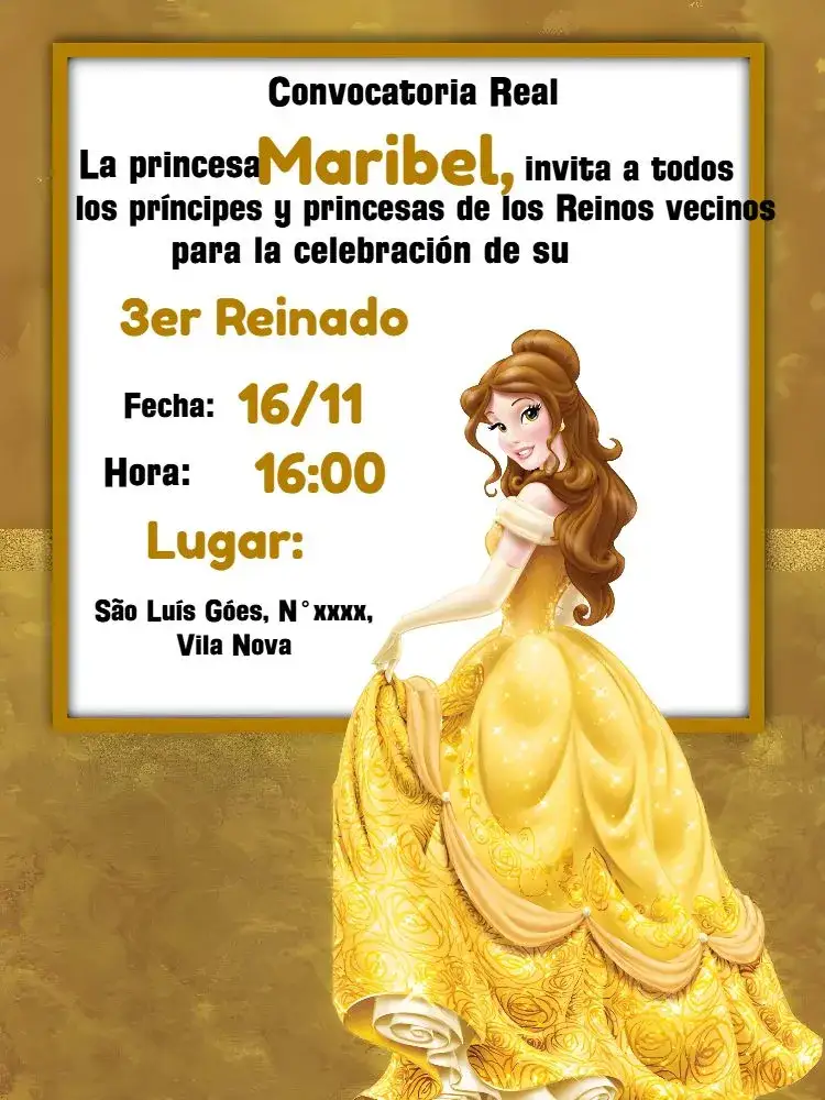 Invitación La Bella y la Bestia Oscura – tema Bautismo azul oscuro, dorado, blanco, fantasía, elegante, mágico