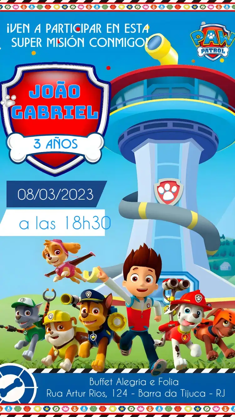 Invitación Patrulla Canina – tema Cumpleaños Infantil azul vibrante, ilustraciones de personajes, estilo divertido, tema de aventura, elementos gráficos de perros, fondo alegre