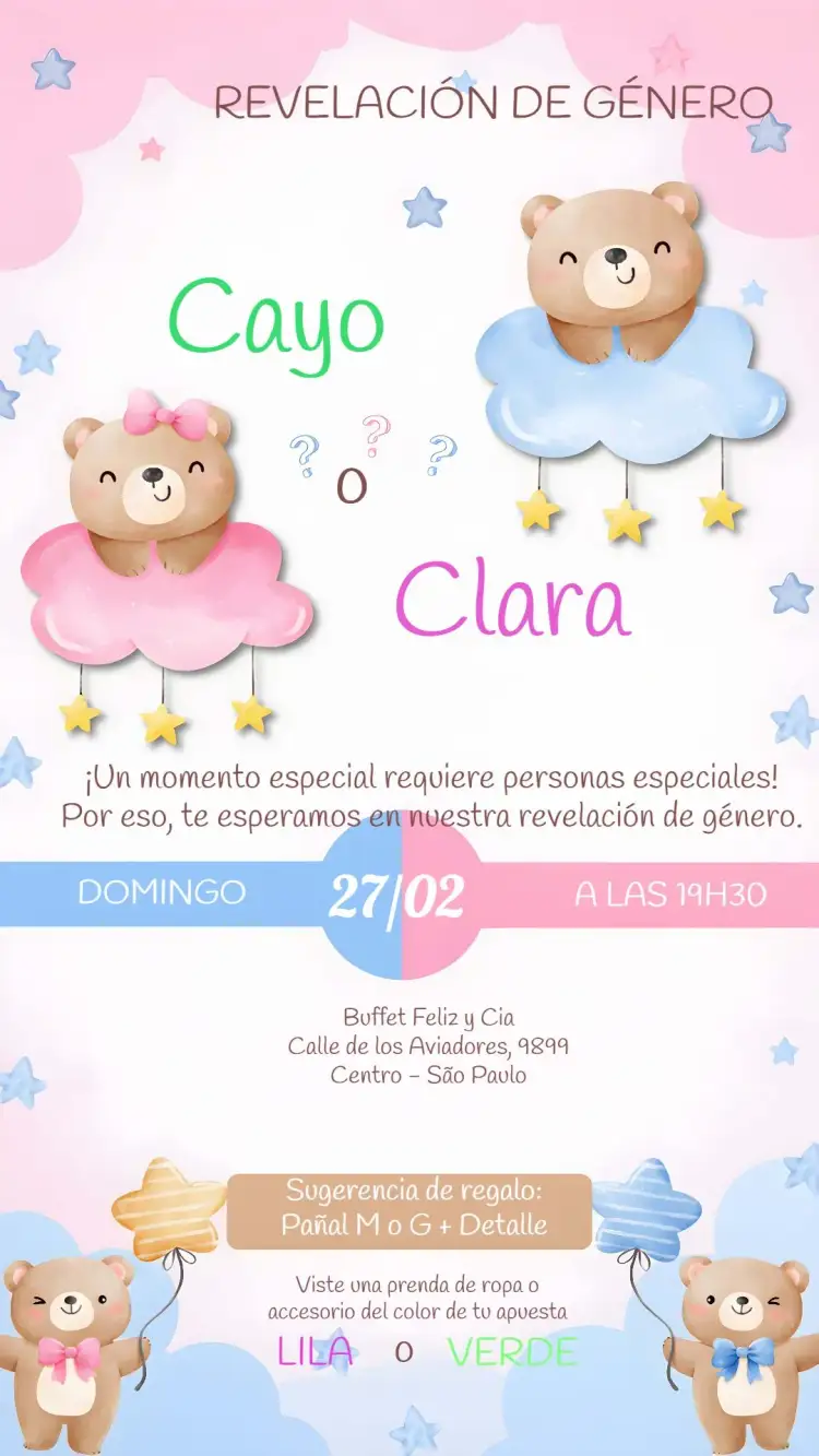 Invitación Baby Shower de Revelación Ositos Acuarela Niño – tema Revelación Bebé acuarela, osos de peluche, azul y rosa, ilustración delicada, infantil, divertido