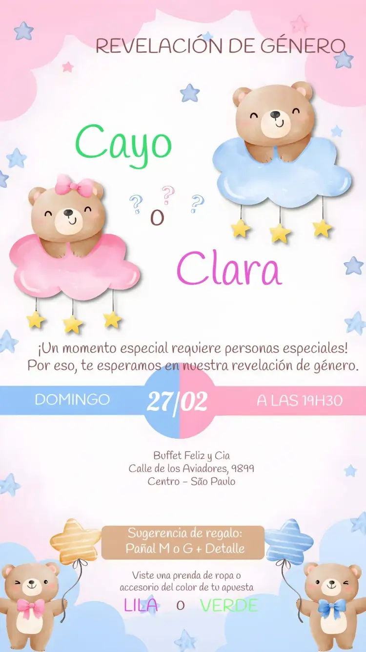 Invitación Baby Shower de Revelación Ositos Acuarela Niño