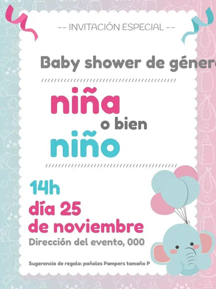 Invitación Baby Shower Revelación Niño – tema Revelación Bebé azul, infantil, lúdico, divertido, moderno, colorido