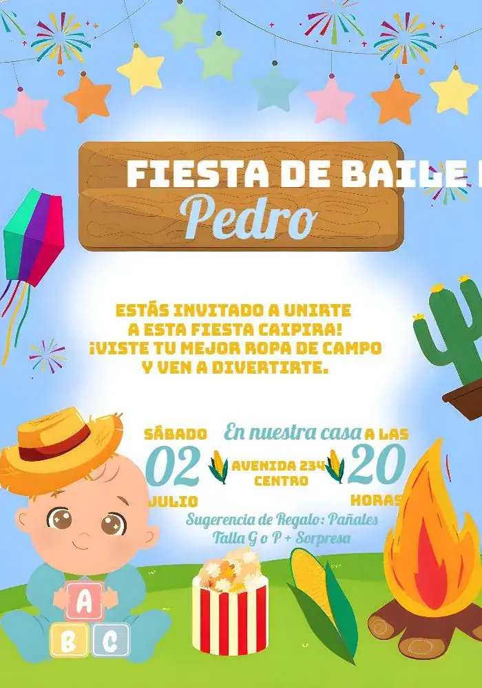 Invitación Charraiá Menino João – tema Fechas Conmemorativas caipira, colorido, vintage, festivo, ilustraciones de San Juan
