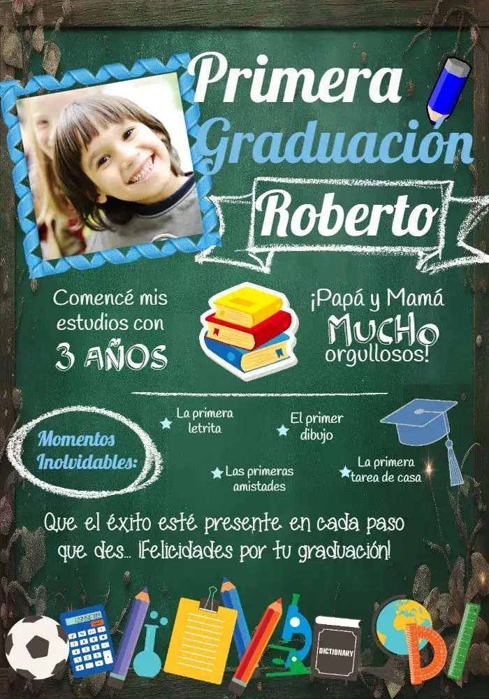 Invitación Graduación Infantil Con Foto Cuadernos – tema Graduación azul, verde, negro, blanco, educativo, divertido