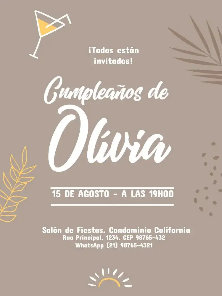 Invitación Mujer Adulta Marrón Cóctel – tema Cumpleaños Infantil elegante, moderno, minimalista, sofisticado, clásico