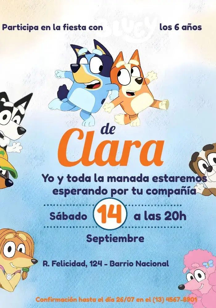 Invitación Bluey Y Bingo Niño – tema Más buscados azul, divertido, infantil, colorido, lúdico