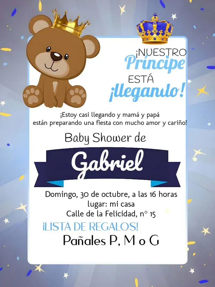 Invitación Baby Shower Príncipe Oso – tema Baby Shower azul, realeza, oso de peluche, moderno, divertido, encantador