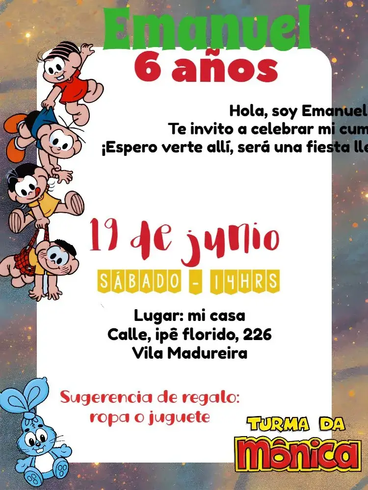 Invitación Turma De La Mónica Colorido editable y personalizable