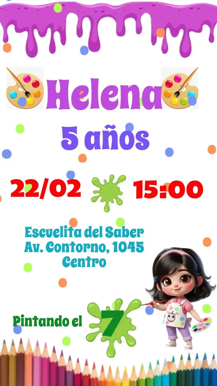 Invitación Pintando el 7 – tema Cumpleaños Infantil colorido, lúdico, artístico, divertido, moderno