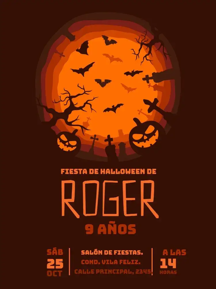 Invitación Halloween – tema Cumpleaños Infantil colores oscuros, elementos gráficos de Halloween, estilo divertido, ilustraciones de monstruos, diseño colorido, temática de fiesta