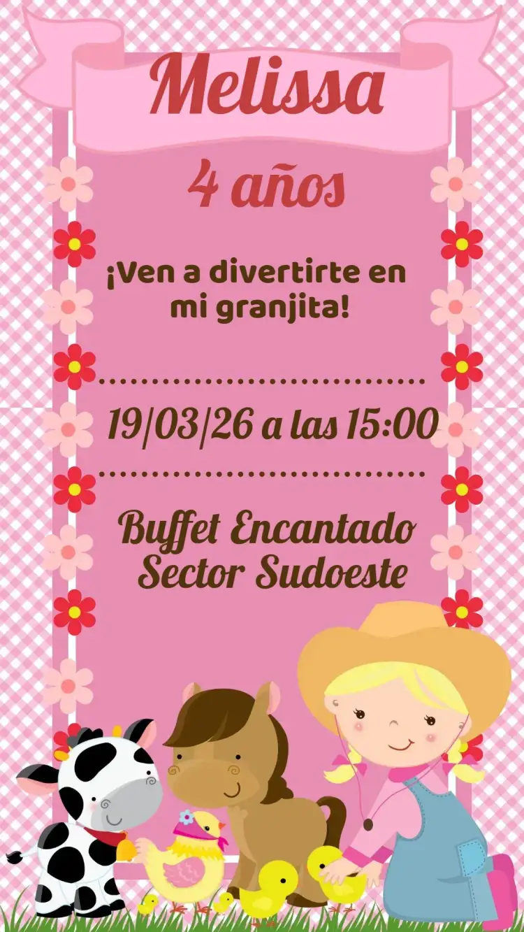 Invitación Granja – tema Cumpleaños Infantil rural, colorido, lúdico, divertido, animales de granja, fiesta al aire libre