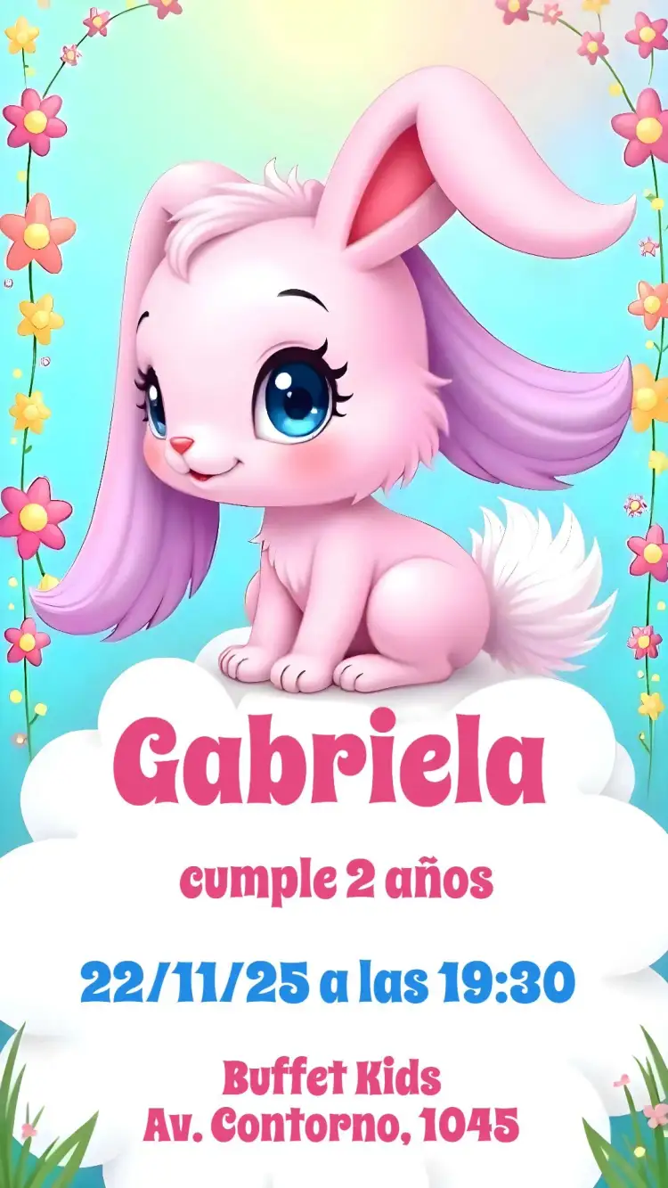 Invitación Conejita Rosa – tema Cumpleaños Infantil rosa, infantil, lúdico, colorido, fofo