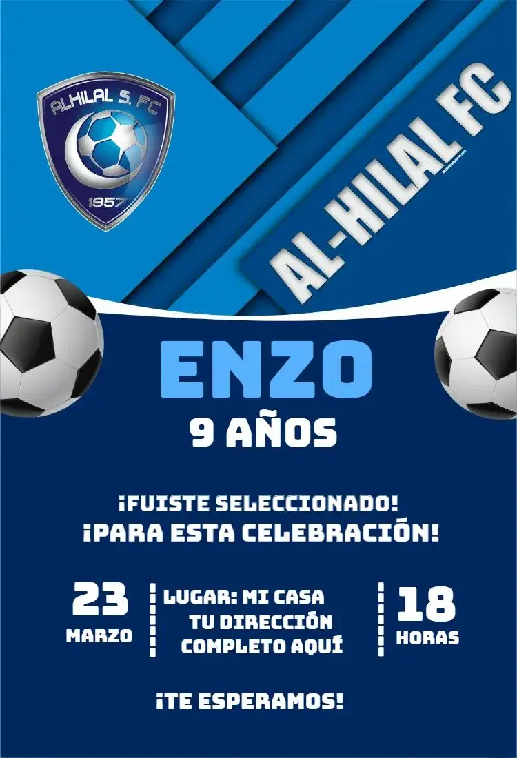 Invitación Al-hilal 3 – tema Cumpleaños fútbol, moderno, colorido, temático, deportivo