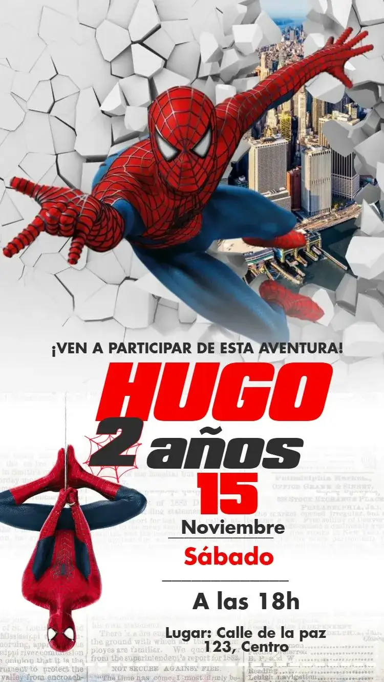 Invitación Hombre araña – tema Cumpleaños Infantil colores vibrantes, estilo urbano, elementos de cómic, diseño divertido, estilo moderno, toque infantil