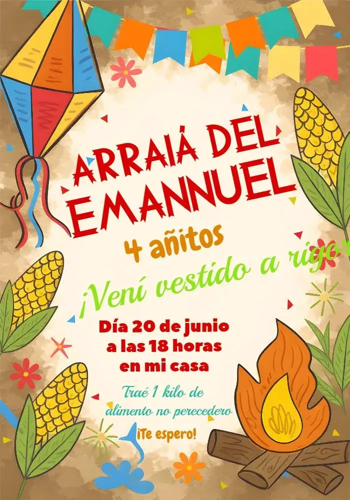 Invitación Fiesta Junina Arraiá Colorido – tema Fechas Conmemorativas colorido, junino, vintage, festivo, brasileño, divertido