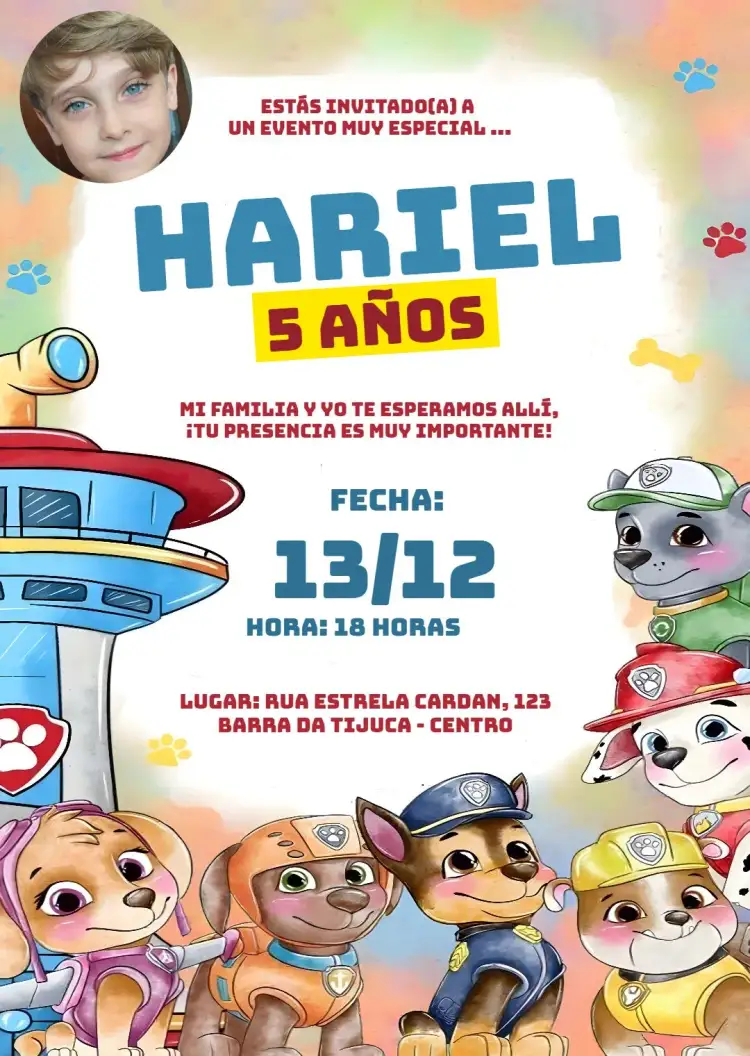 Invitación Patrulla Canina Amarillo – tema Cumpleaños Infantil colorido, divertido, temático, animado, infantil