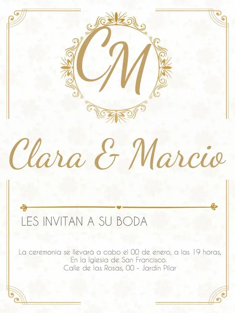 Invitación Boda Clásica Con Iniciales Adulto – tema Boda elegante, dorado, blanco, moderno, delicado, árabe