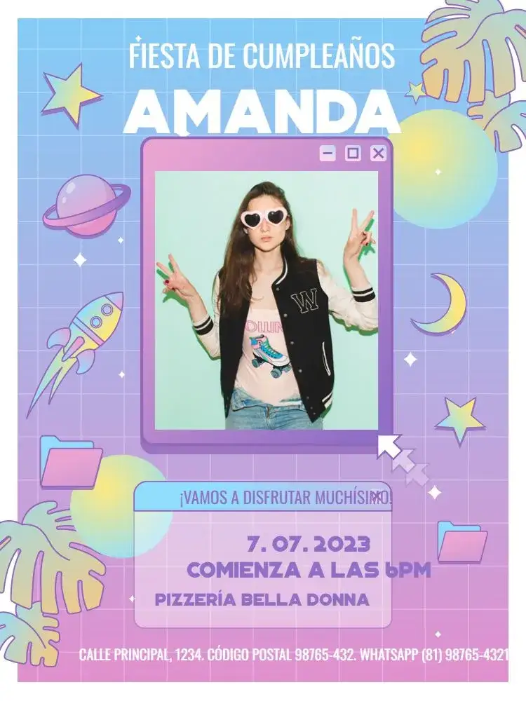 Invitación Para Niña Neon Con Foto Divertida – tema Cumpleaños Infantil neón, colorido, años 80, divertido, pastel, femenino